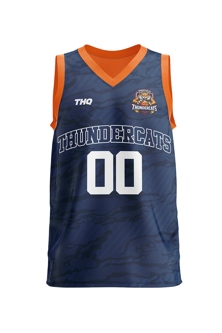 Navy sublimated basketball jersey with a logo THQ logo and Thundercats logo on a white background