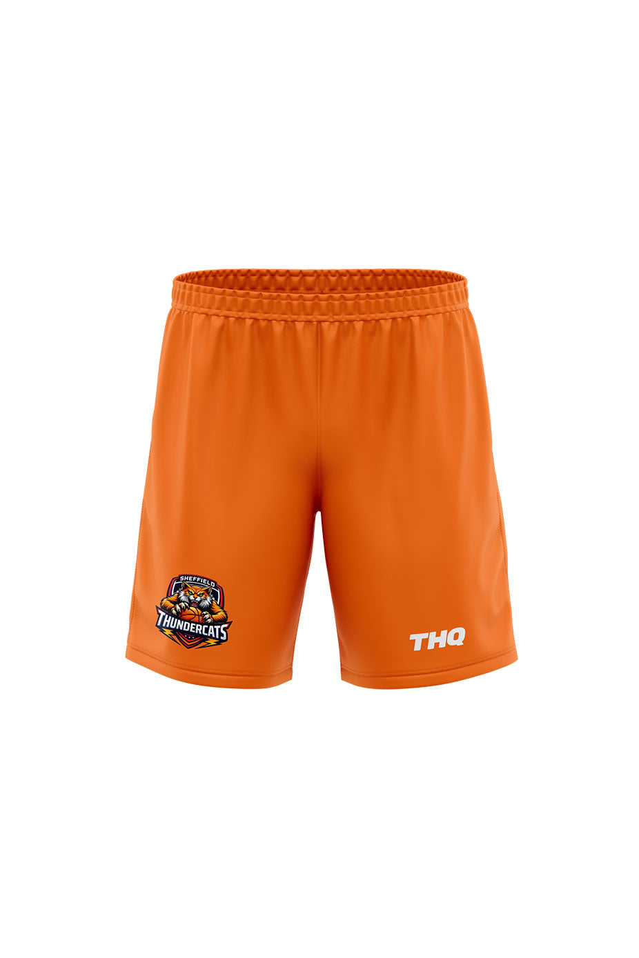 Orange sublimated shorts with a logo THQ logo and Thundercats logo on a white background