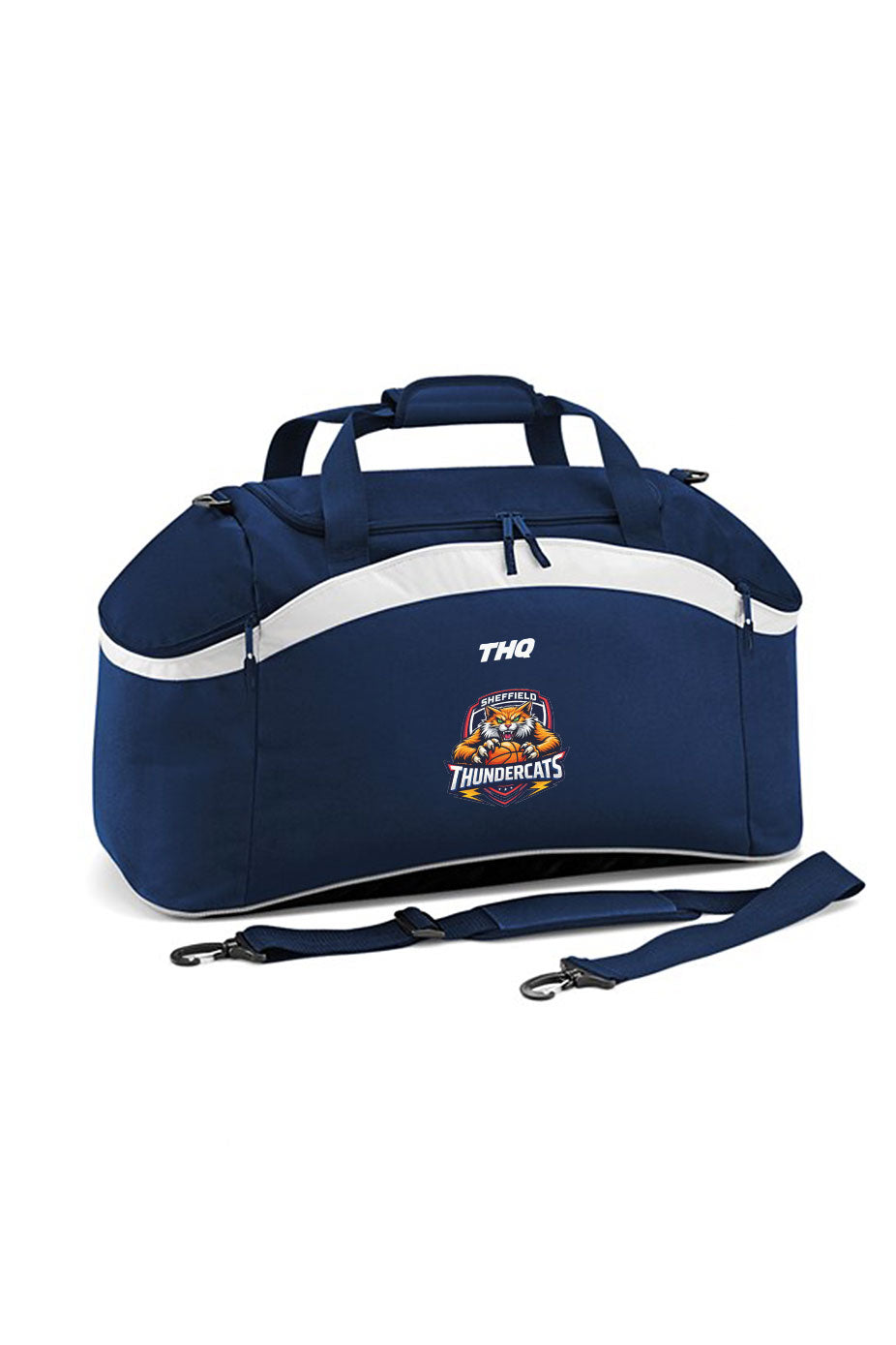 Navy holdall bag with white accents and a THQ logo on a white background