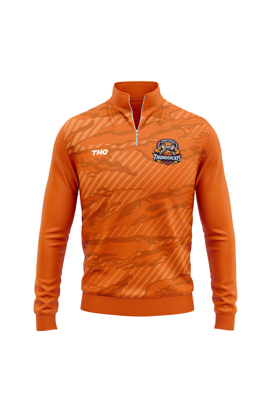 Orange sublimated quarter zip top with THQ logo and Thundercats logo.