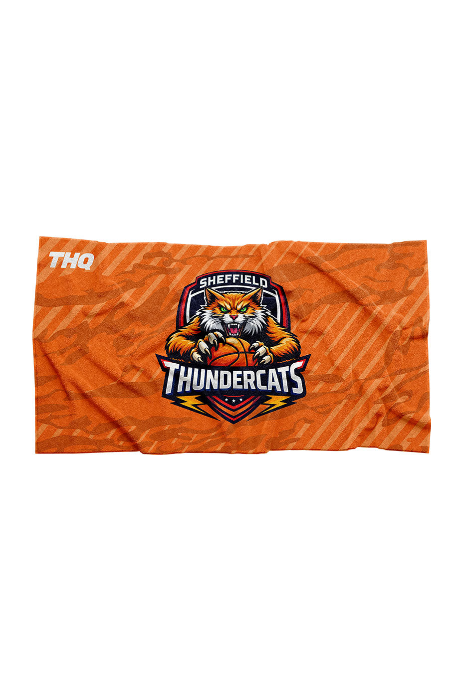 A sublimated Orange towel with a club logo and THQ logo on a white background.