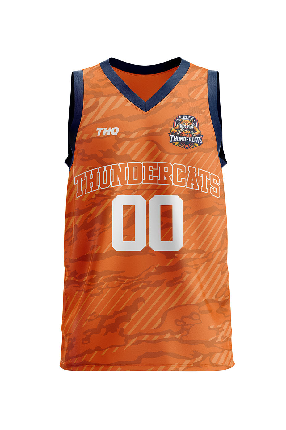 Orange sublimated basketball jersey with a logo THQ logo and Thundercats logo on a white background