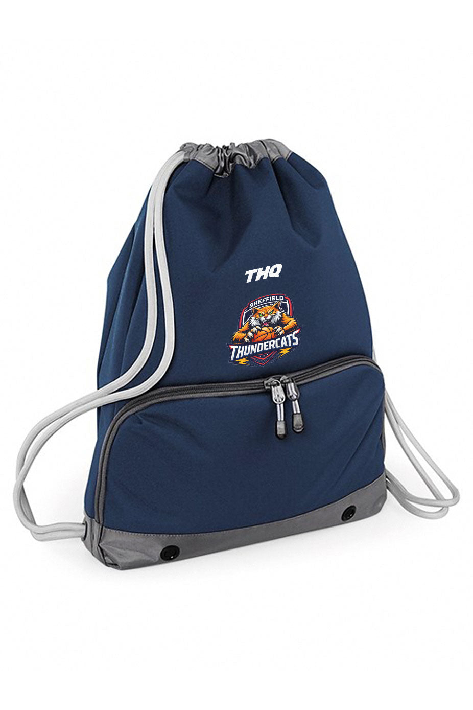 Navy drawstring bag with gray accents featuring THQ logo and Club logo on a white background