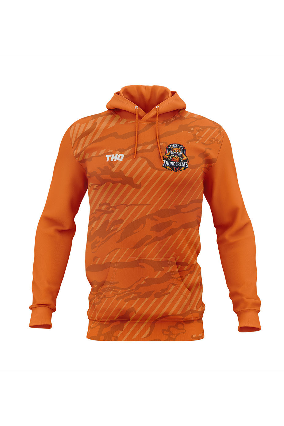Orange sublimated performance hoodie with THQ logo and Thundercats logo. 