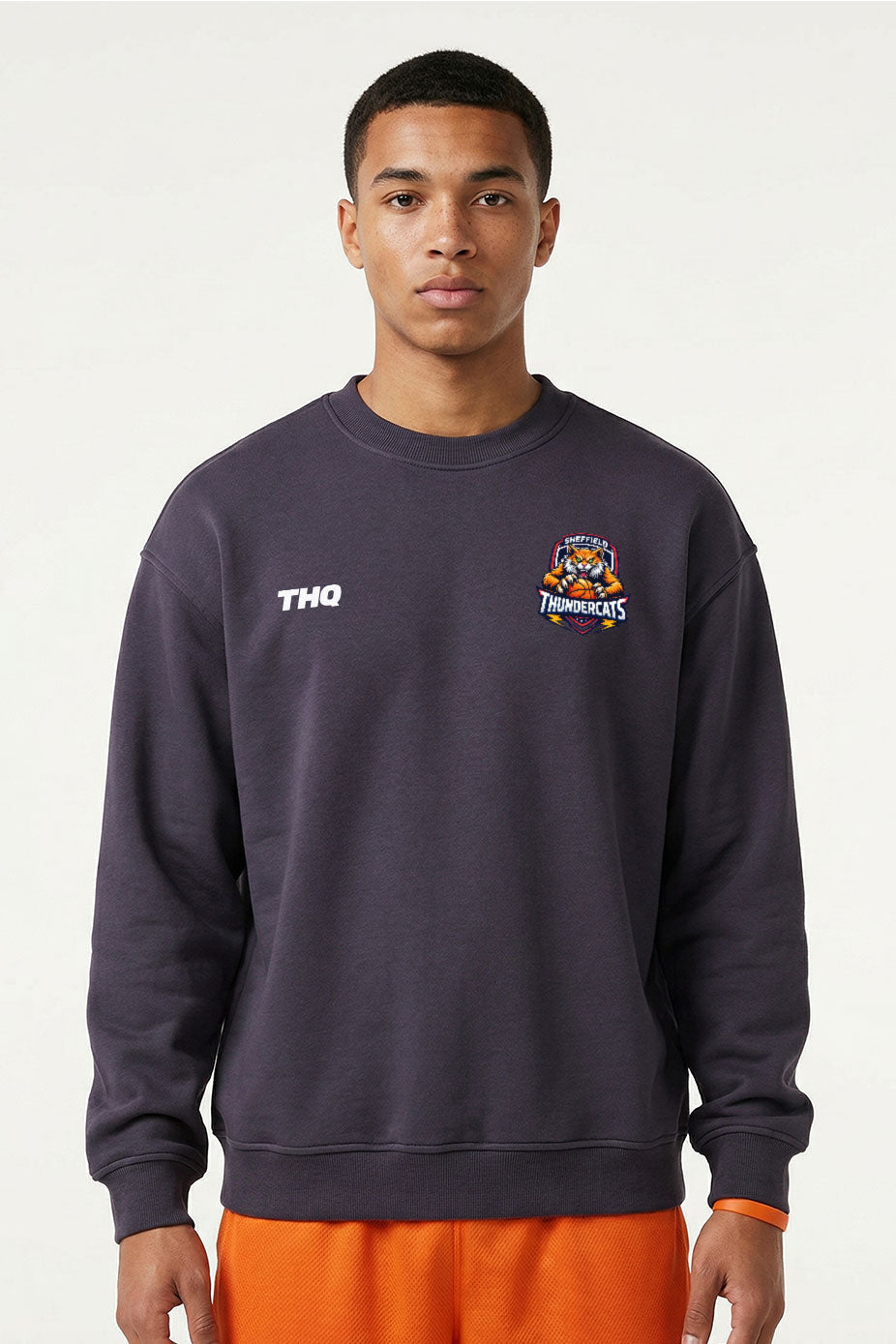 Athlete wearing a navy sweatshirt with a THQ logo and Thundercats logo on a white background